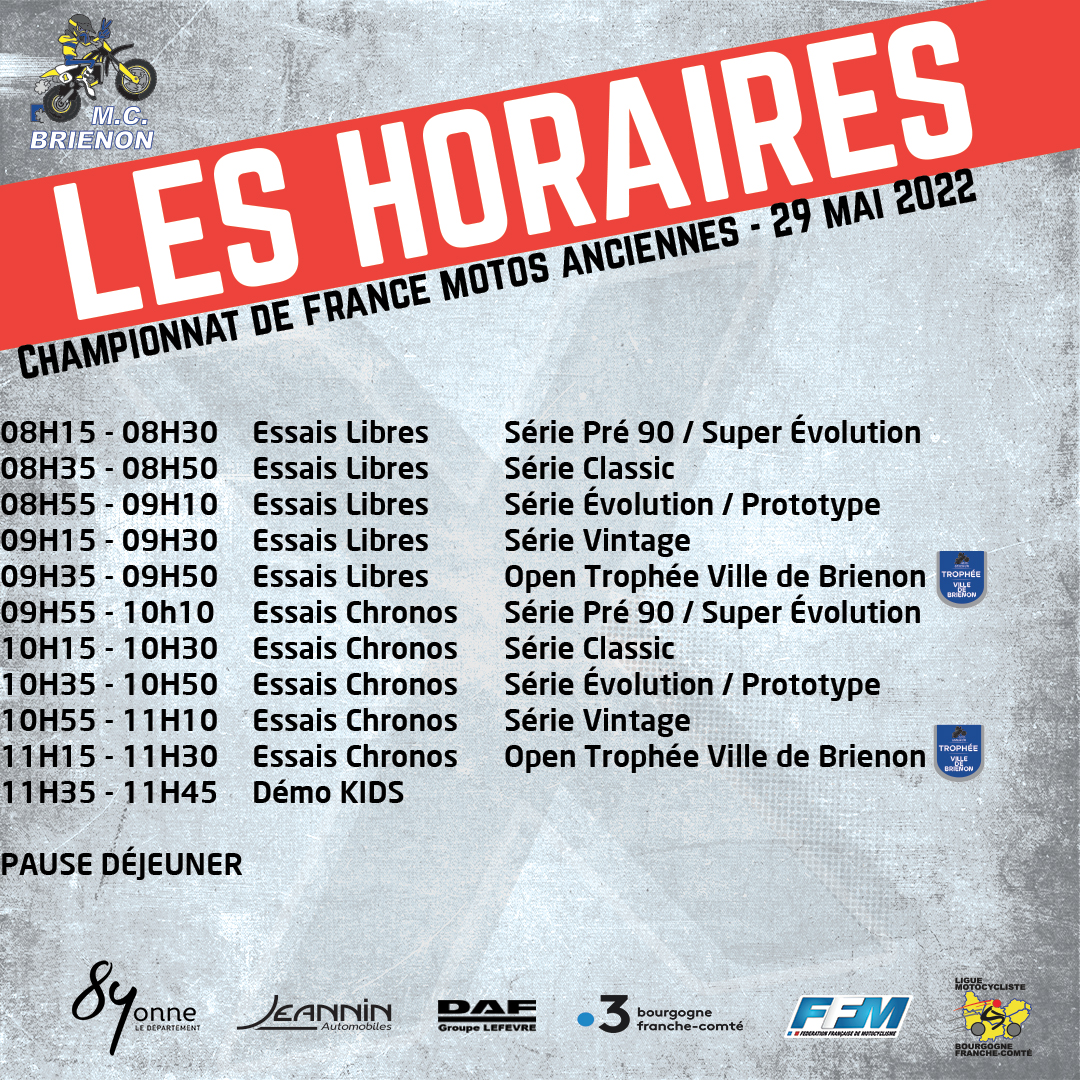 Le Programme du Championnat de France Motos Anciennes à Brienon le 29 Mai 2022 
