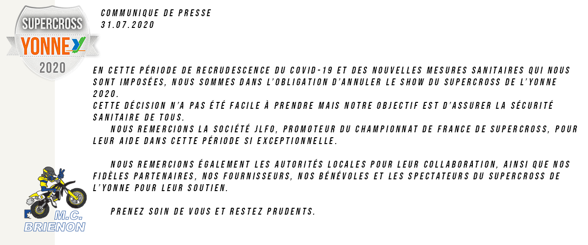 Annulation du Supercross Yonne-2020 suite pandemie coronavirus